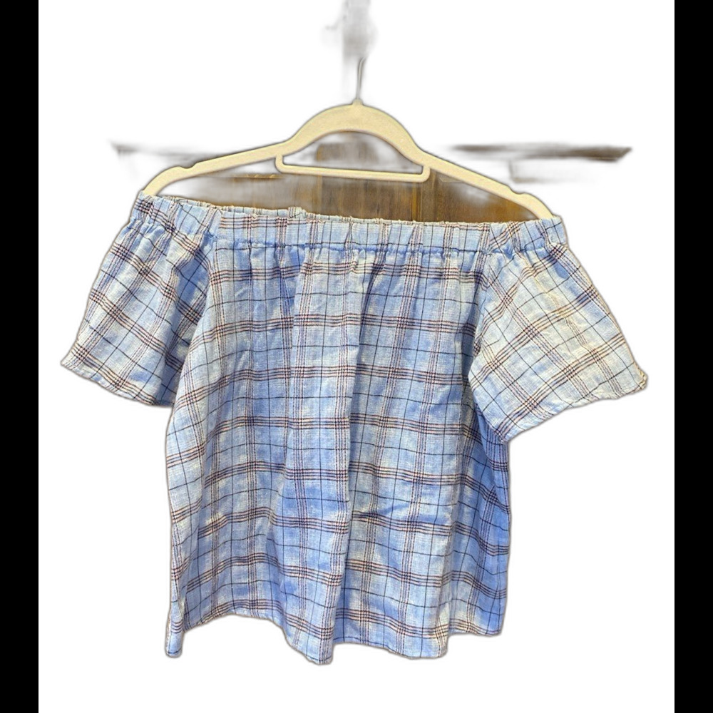 Verte Blouse Size Large Top‎ Off Shoulder (or on) Baby Blue Plaid w Pink Cropped